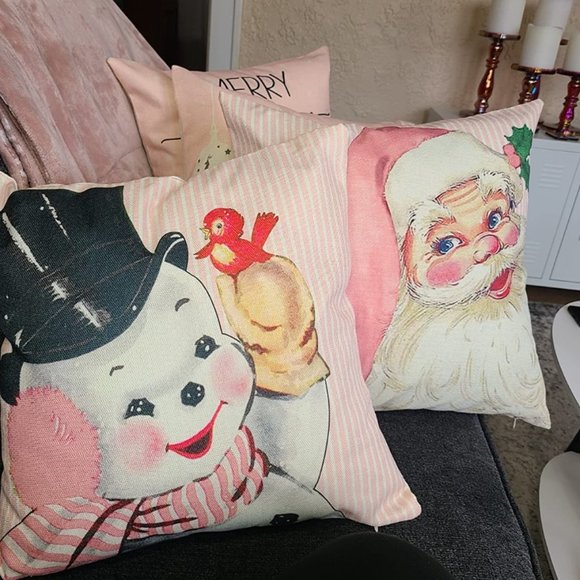 Christmas Pillow Covers Pink Santa Decoration Set Of 4 Accent Holiday Xmas Decor - Picture 2 of 16